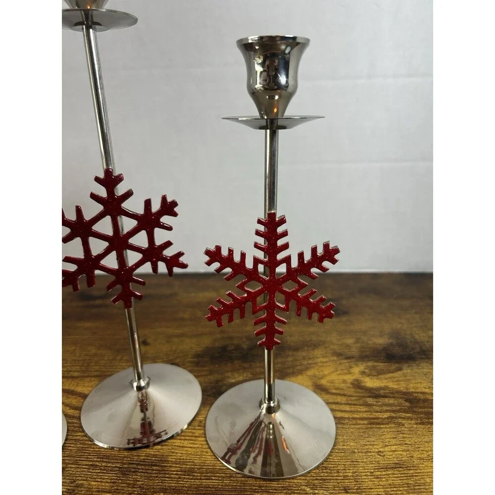 International Silver Red Snowflake Candle Holders Set 3 Christmas Holiday Decor